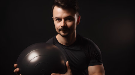 Portrait of a sporty man holding a kettlebell on a dark backgroundの素材