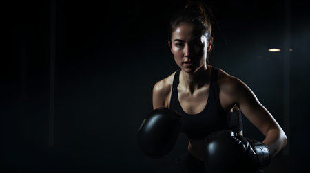 Portrait of young beautiful boxer woman with boxing gloves in dark gymの素材