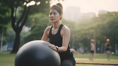 Beautiful asian woman sitting on fitness ball in the park.の素材