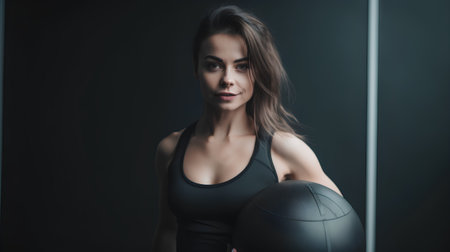 Sporty young woman in black sportswear holding a medicine ball.の素材