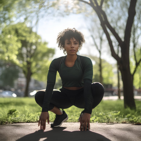 Young african american woman in sportswear stretching in the park.の素材