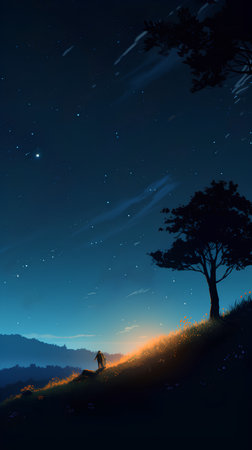 Night landscape with trees and grass. Nature background. Vector illustration.の素材