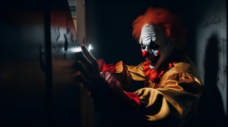 Clown holding a mobile phone in a dark room. Halloween.の素材