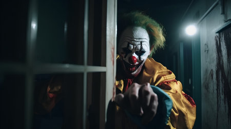 Portrait of a scary clown in a dark room with a windowの素材
