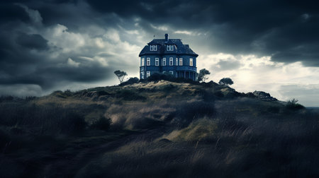 Dramatic stormy sky over a house on the hill.の素材