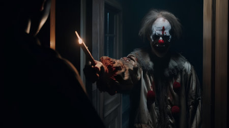 Creepy clown holding a wooden stick and looking into the mirrorの素材