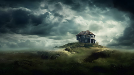 House on the hill with stormy clouds in the background  3d renderの素材