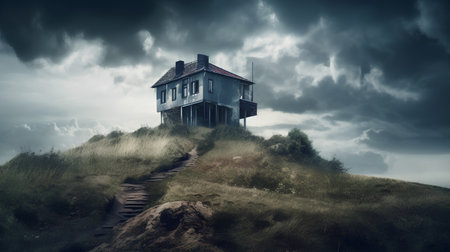 Abandoned house on the hill in a stormy day.の素材