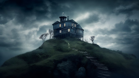 Halloween witch house on hill with dark stormy sky, 3d renderの素材