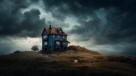 Old abandoned house in a dark stormy sky, 3d renderの素材