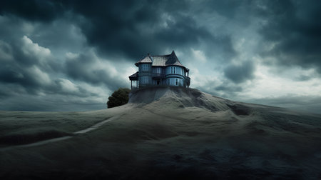 Fantasy house on the hill with dark clouds in the background.の素材