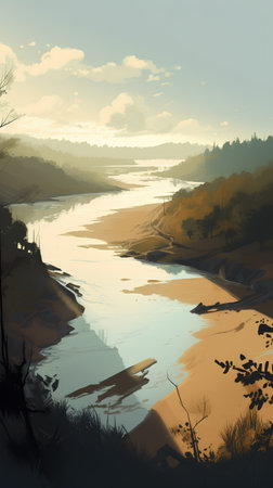 Landscape of river and trees in the morning, vector illustration.の素材