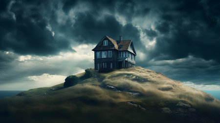 House on the hill with stormy sky. 3d render.の素材