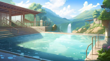 Swimming pool in the mountains with a wooden house and a waterfallの素材