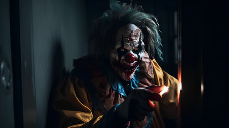 Portrait of a scary clown in a dark room. Halloween.の素材
