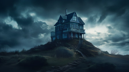 Mystical house on the hill. Halloween concept. 3D renderingの素材