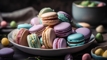 Colorful macaroons on a wooden table, selective focus.の素材