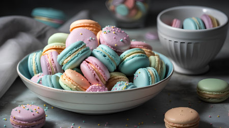 Colorful macaroons in bowl on grey background, selective focusの素材