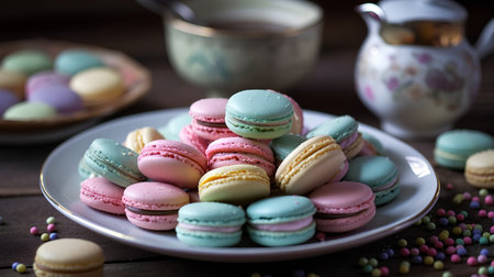 Colorful macaroons on a plate with cup of tea.の素材