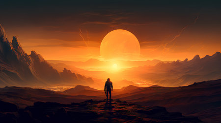 Fantasy alien planet. Mountain and sun. 3D illustration.の素材