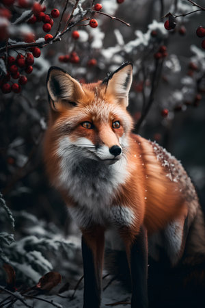 Red fox in winter forest. Beautiful wild animal in winter forest.の素材