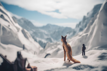 Silhouette of a man and a fox in the snow.の素材