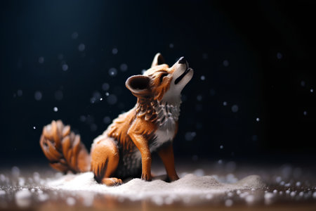 Christmas and New Year concept. Cute fox in snow on dark backgroundの素材