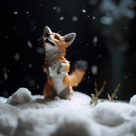 Christmas card with cute little fox in the snow on dark background.の素材