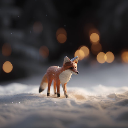 Christmas and New Year background with red fox in the snow, bokeh lightsの素材