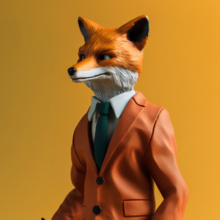 Funny fox dressed in a suit and tie on a yellow backgroundの素材