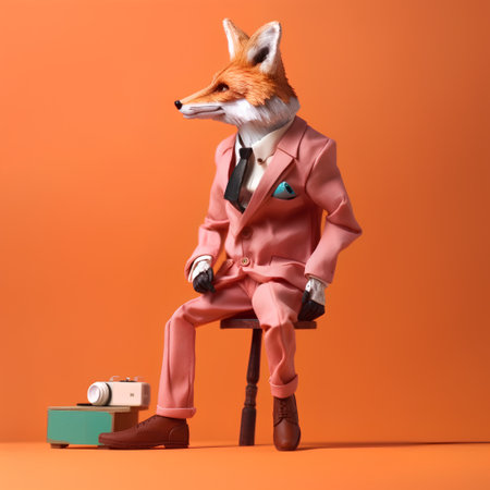 Fashionable fox in a pink suit and tie on an orange backgroundの素材