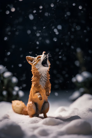 Cute fox in the snow on a dark background. Christmas card.の素材