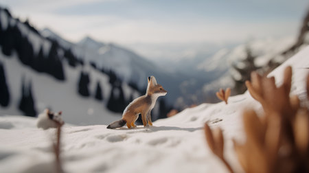 Little fox on the snow in the mountains. Christmas background. Selective focus.の素材