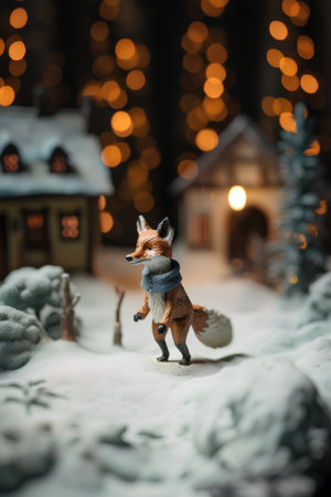 Christmas and New Year miniature scene with little fox in the snow.の素材