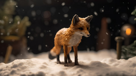 Christmas and New Year decoration with little red fox standing in the snowの素材