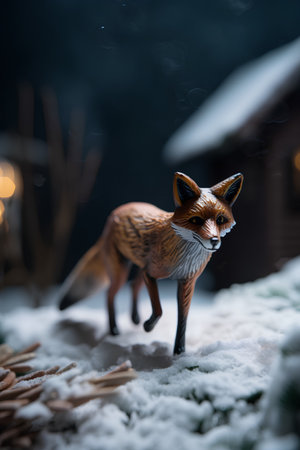 Christmas decoration with wooden fox standing in the snow and looking at the cameraの素材