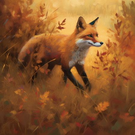 Red fox in the autumn field. Digital painting. Illustration.の素材