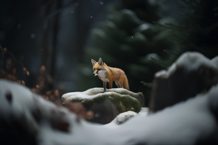 Red fox standing on a rock covered with snow in winter forest.の素材