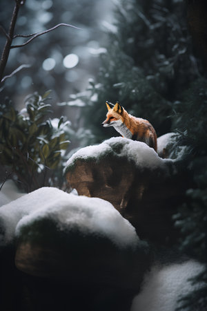 Red fox standing on a rock covered with snow in the forest.の素材