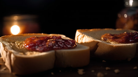 Slices of bread with jam and burning candle on dark backgroundの素材