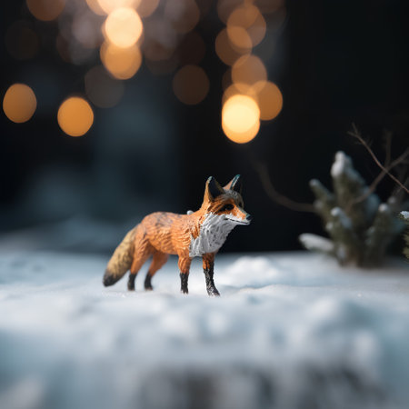 Christmas background with red fox standing in the snow with bokehの素材