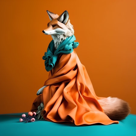 Funny fox with a scarf on an orange background. Studio shot.の素材