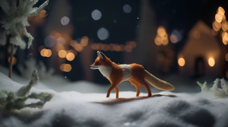 Christmas and New Year concept. Little fox on the background of a Christmas tree in the snow.の素材