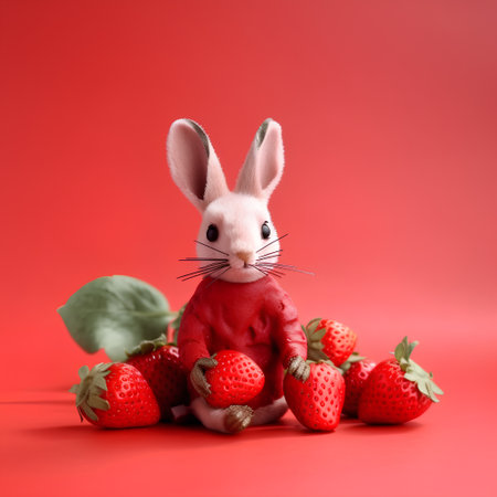 Cute bunny with strawberries on red background. Minimal easter concept.の素材