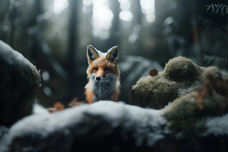 Red fox in the winter forest. Wild animal in winter forest.の素材