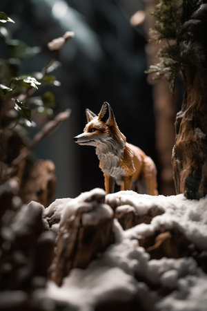 Red fox standing on a log in the forest in the winter.の素材