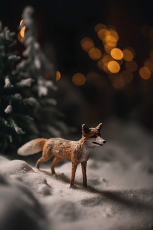 Christmas and New Year background with a Christmas tree and a toy fox. Festive bokeh.の素材