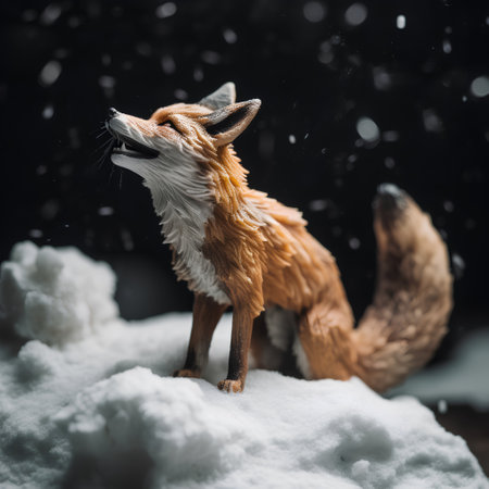 Red fox standing on snow in winter forest with falling snowflakesの素材