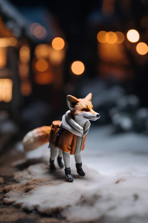 Christmas and New Year concept. Cute little fox in warm clothes standing on the snow in the village at night.の素材