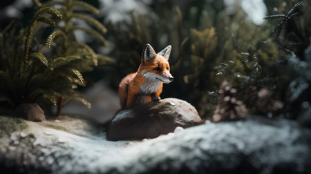 Red fox sitting on a rock in the forest. Christmas decoration.の素材